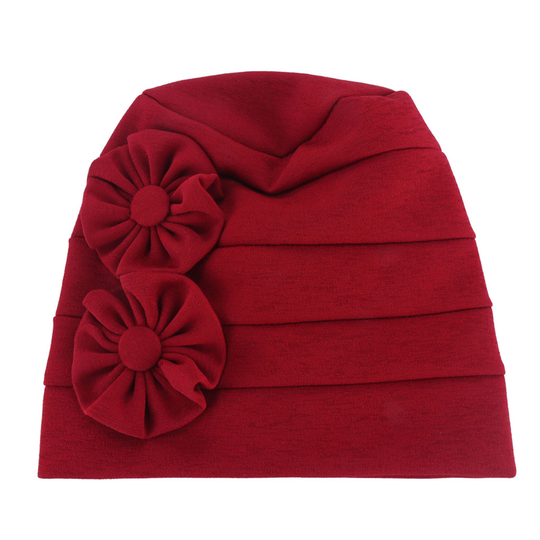 Women Beanie Solid Color Flowers Soft Elastic Linen Blend Head Wrap Hat for Daily Life - wine red