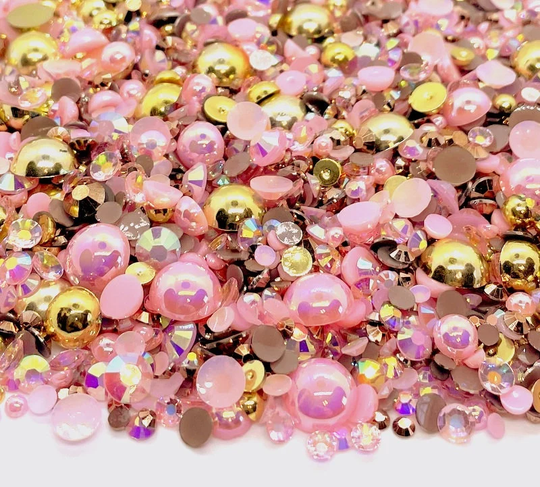 Pink Goddess Blend Rhinestone Mix 2mm-10mm Flatback Jelly Resin | Faux Pearls Rhinestones Mix, Gold Rose
