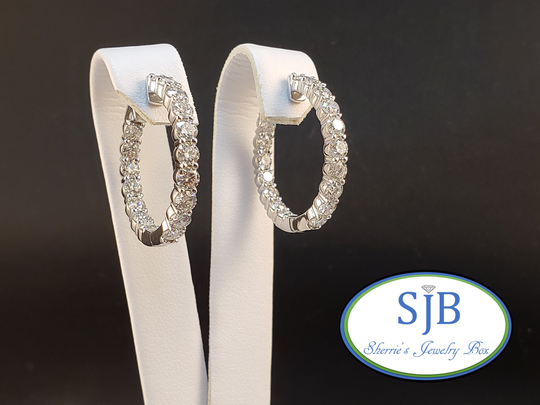 Diamond Hoops, 14K White Gold in & Out Hoop Earrings, 4.04Ct Hinged Classic #e1579