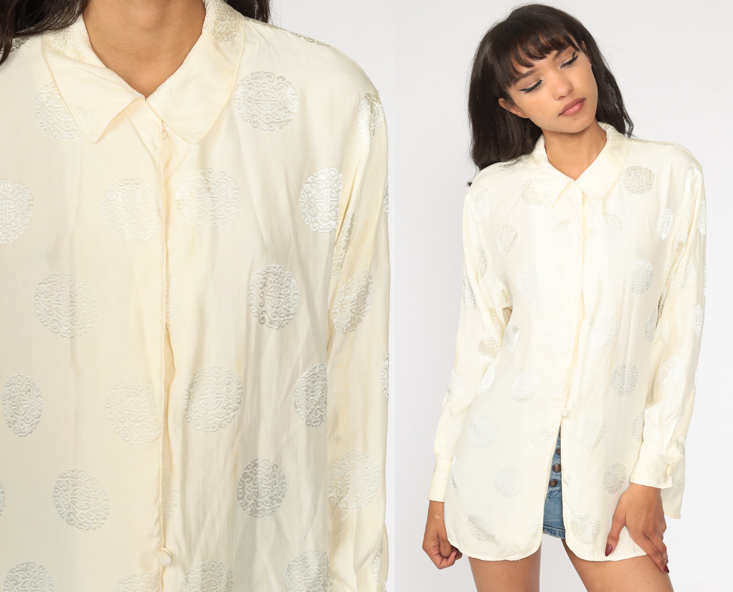 Silk Blend Shirt Dvf Blouse Cream Button Up 80S Diane Von Furstenberg Party Long Sleeve Top Vintage Asian Chinese Extra Small Xs