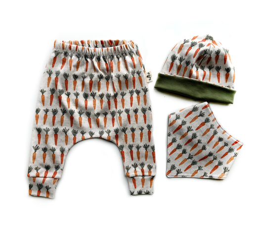 3-6 Months Organic Baby Clothes Set With Carrot Design, Easter Garden Outfit Including Harem Leggings, Reversible Beanie Hat & Bib
