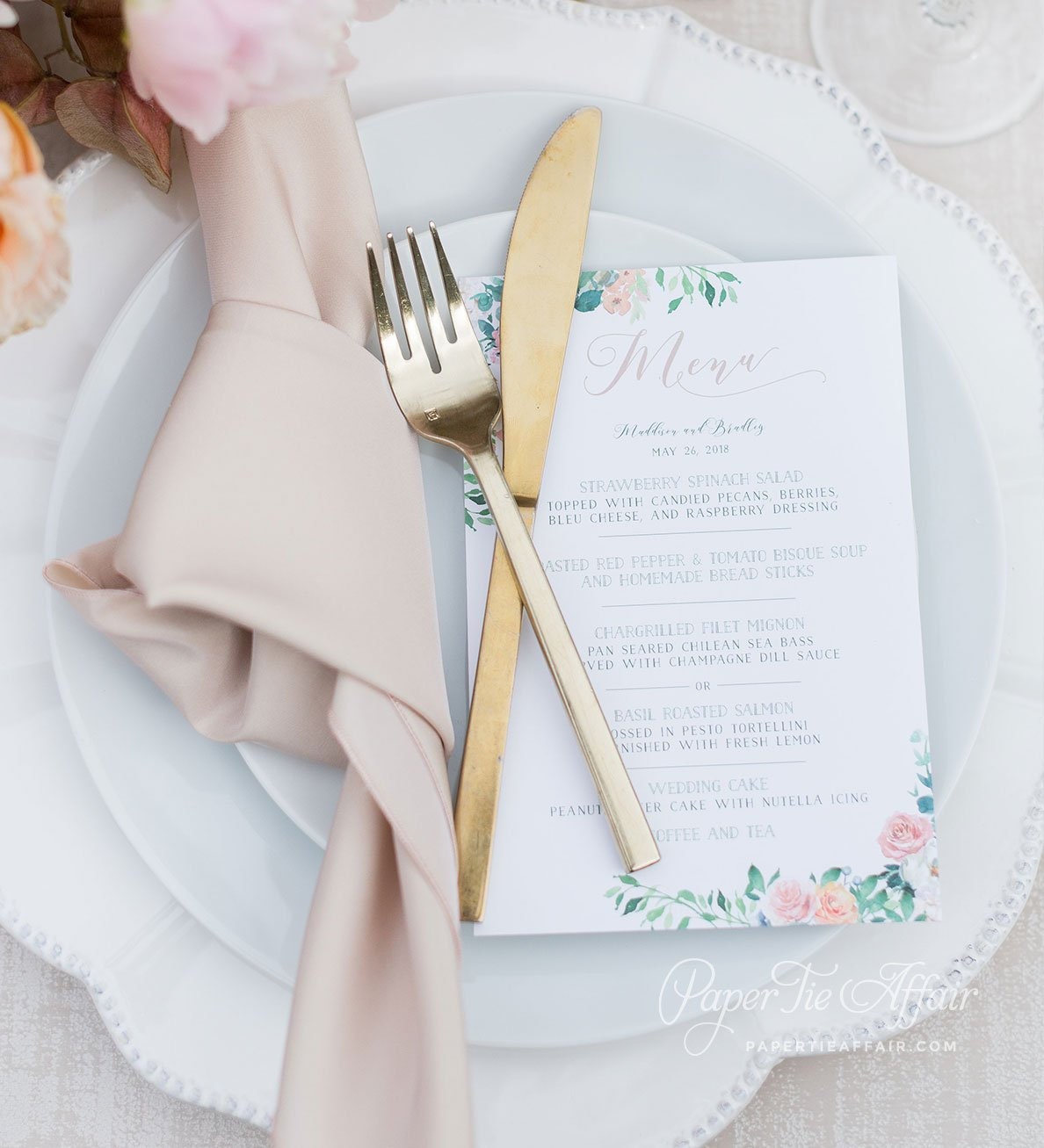 Floral Wedding Menus - Printed Menu Cards Watercolor Long, Die Cut Menus, Customizable | Grace Wreath