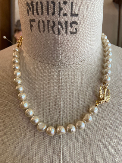 Necklace With Vintage Hand Knotted Pearls & Swallow Connector