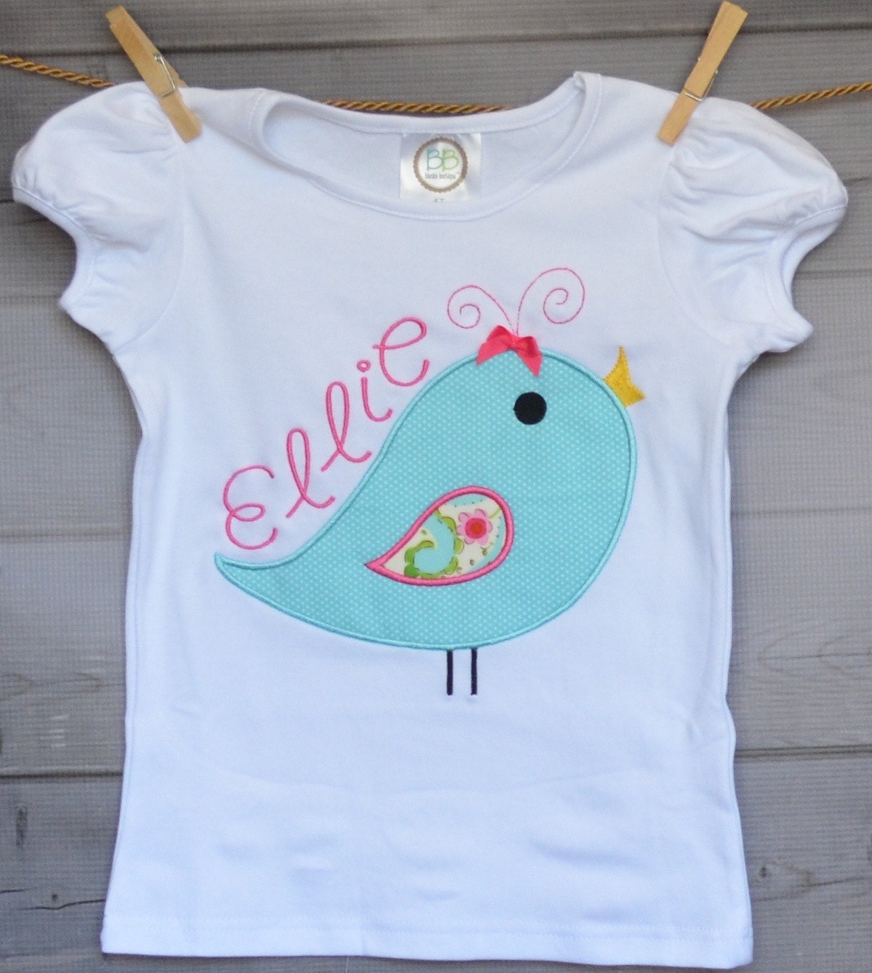 Girls Personalized Bird Applique Shirt Or Bodysuit Girl Boy