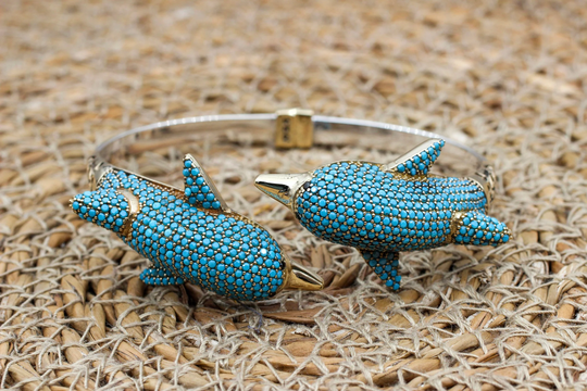 Turquoise Bracelet, Dolphin Handmade Bangle Cuff, Turkish Handmade, Ottoman Gift For Her, 925 Sterling Silver