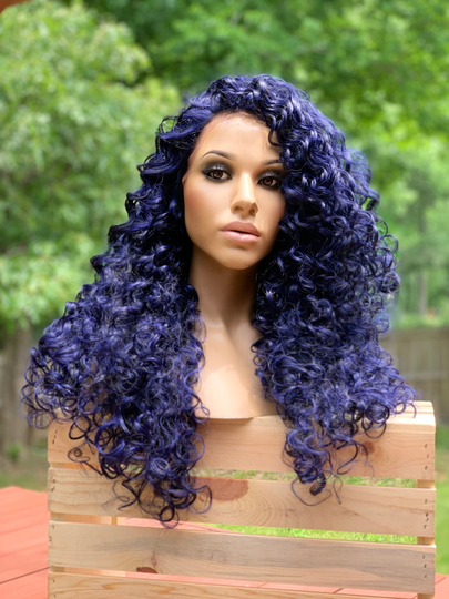 Human Hair Blend Wig Blue Black Mix Curly Layered 20" Lace Front Multi Part