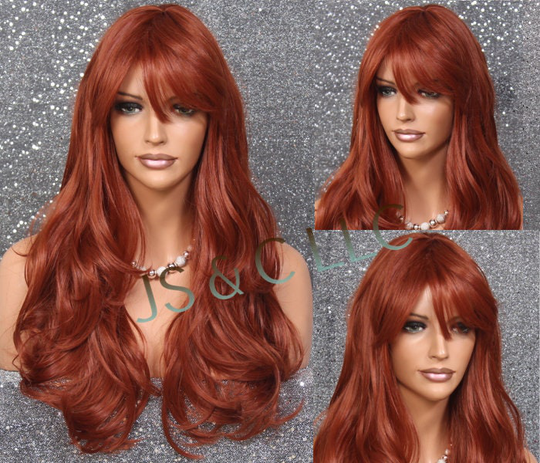 stunning Human Hair Blend Wig Red Auburn Long Layered Bangs Wavy Full Heat Resistant 28" Curly Cancer/Alopecia/Cosplay