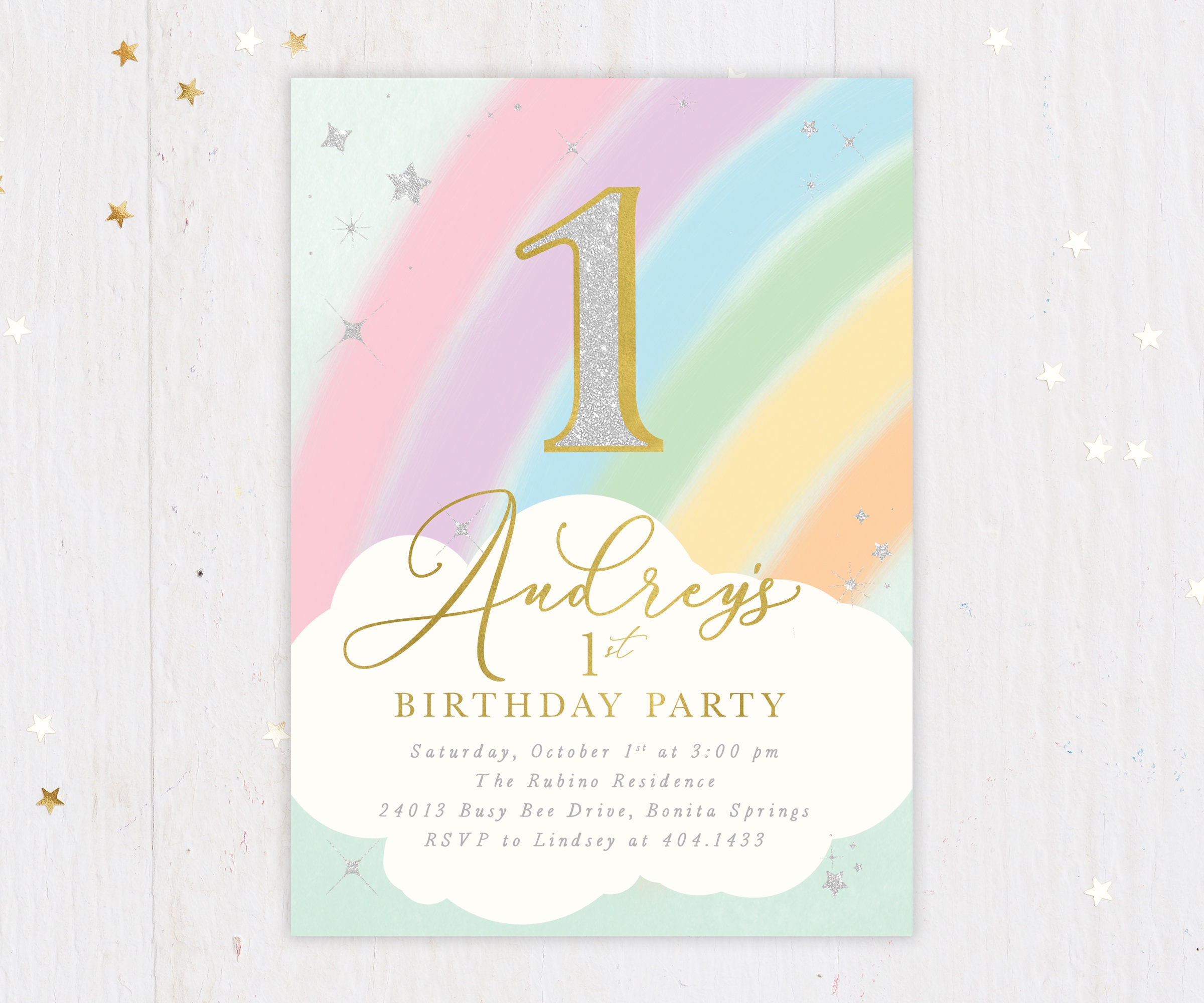 Rainbow First Birthday Invitation Girl, Girl 1st Invitation, Invite, Party Invite - Audrey