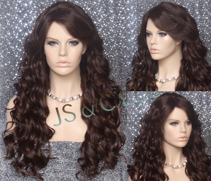 Brown Mixed Human Hair Blend Wig Heat Ok Long Deep Waves Full Bangs Cancer Alopecia Theatrical Cosplay Anime