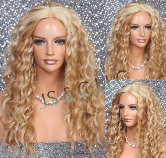 Blonde Mixed Human Hair Blend Wig Silk Soft Curls Can Be Combed Out 4 Extra Volume Hand Tied Mono Free Part Cancer/Alopecia/Theater/Cosplay