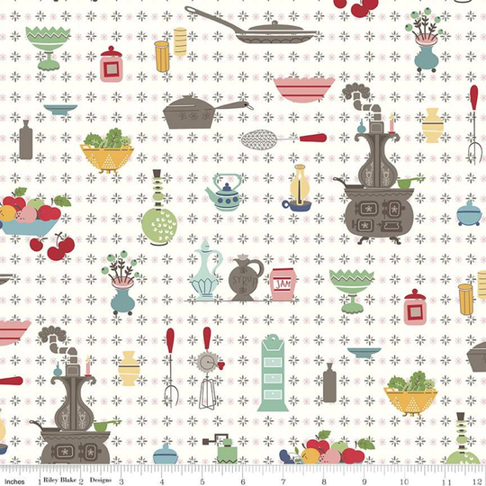 Retro Kitchen Quilt Fabric, Riley Blake Cook Book C11750, Utensils, Stove, Pans, Reproduction Feedsack Fabric By The Yard, 100% Cotton