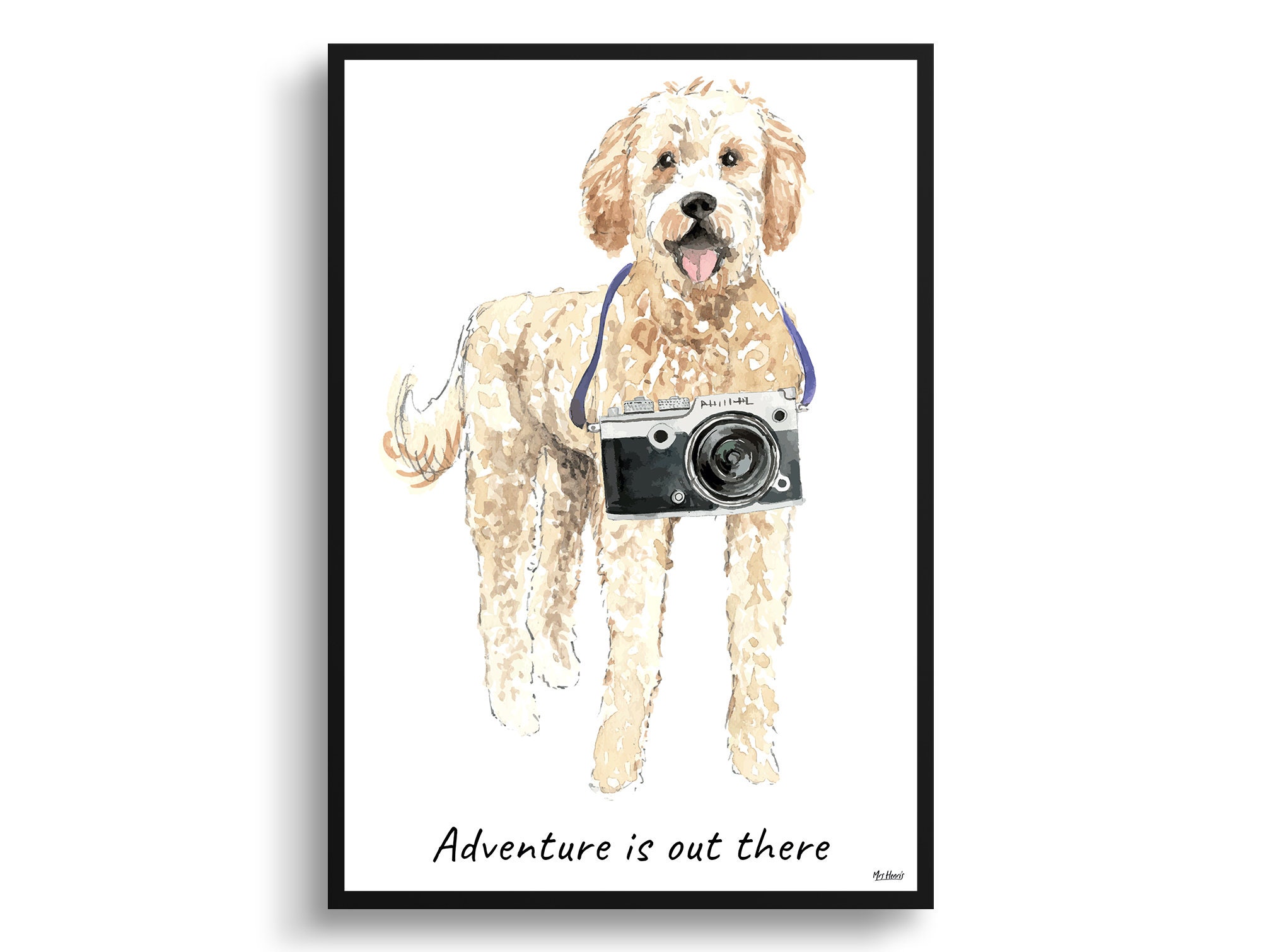 Adventure Is Out There Golden Doodle Dog Print Illustration. Framed & Un-Framed Wall Art Options. Personalised Name