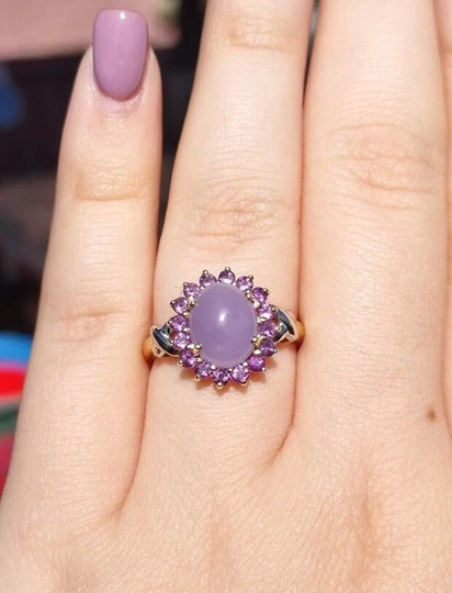 Oval Lavender Jadeite & Amethyst Halo Cocktail Ring 10K Yellow Gold Size 7