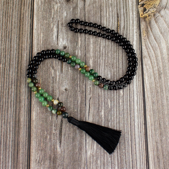 108 Beads Mala Prayer Necklace-Green Aventurine Tassel Necklace-Healing Moss Agate Necklace-Black Obsidian Gemstone Yoga Meditation Necklace