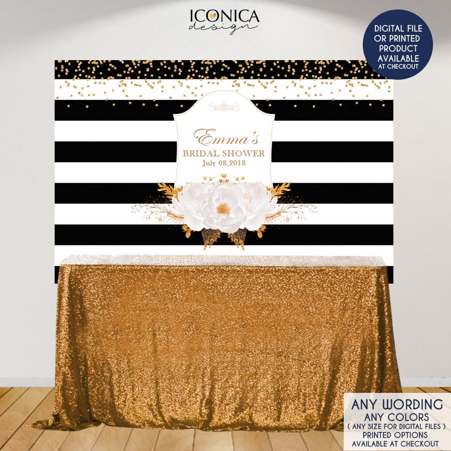 Bridal Shower Backdrop, Elegant Black & White Stripes Banner, Floral Backdrop, Printed Or Printable File