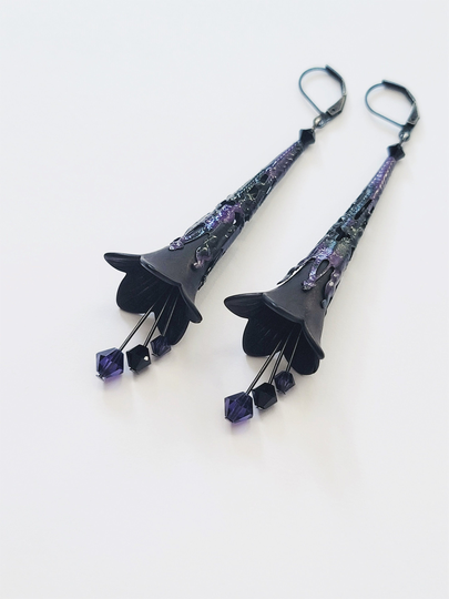Gothic Floral Earrings, Victorian Style Black Flower Dangle Drop Purple Crystal Goth Earrings