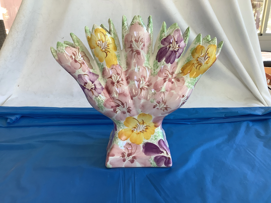Jay Wilfred Div Of Andrea By Sadek - Made in Portugal 9"T X 10.25"W 3.75"D Ceramic Vase-Pink Blending To Purple & Yellow/Gold Flowers