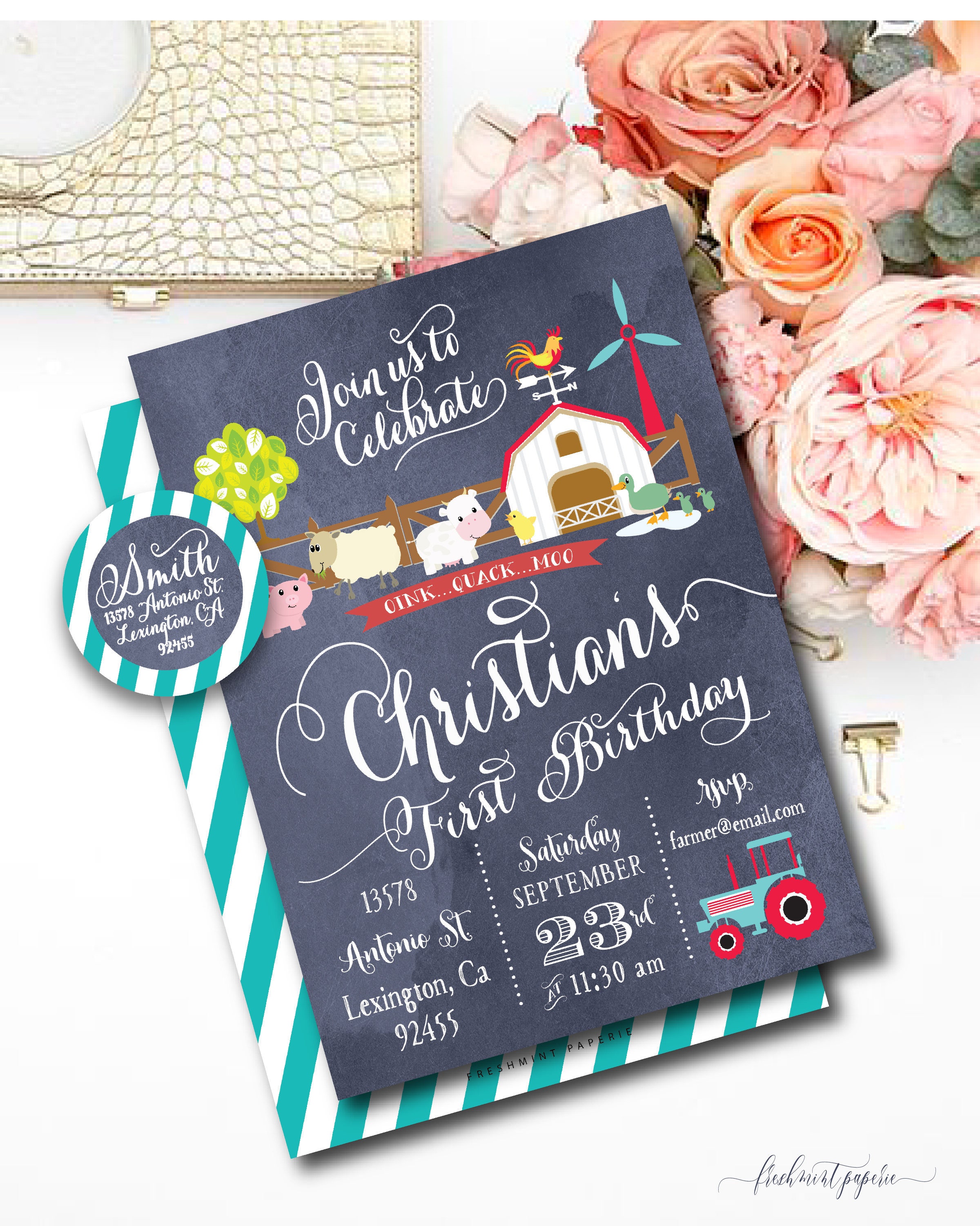 Barnyard Birthday Invitation - Farm Barnyard Calligraphy Kids Freshmint Paperie