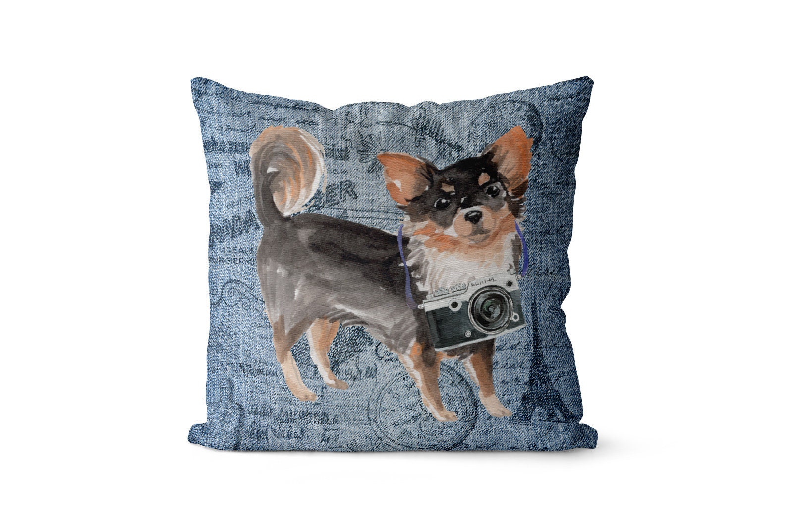 Long Haired Chihuahua Dog Inspired Throw Pillow - Large Denim Style Cushion With Filling Available in Linen Or Velour. Travel Collection