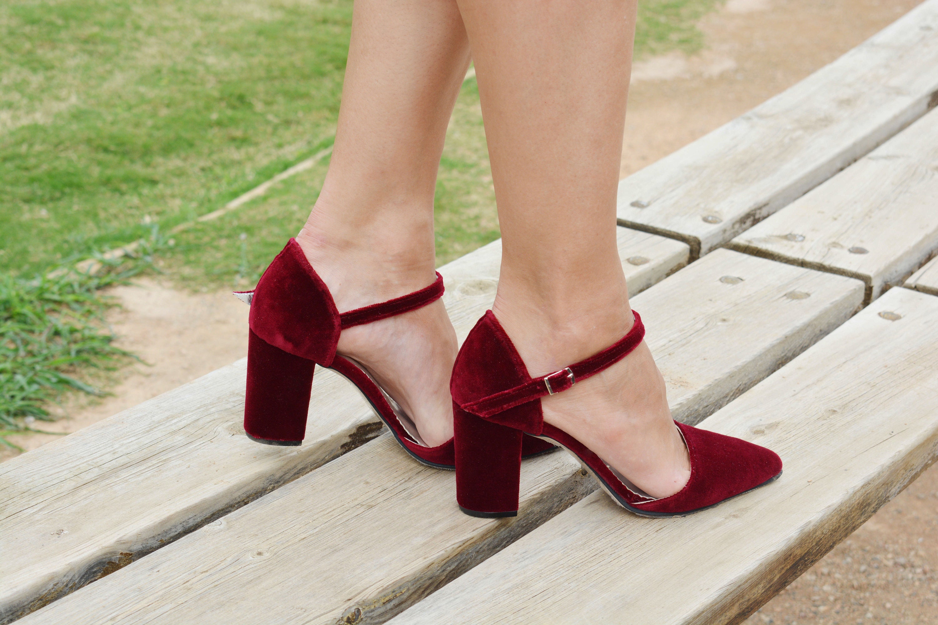 Dark Red Velvet Block Heels, Ladies Shoes, Pumps, Wedding Bridal Shoes