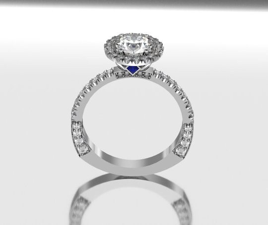 14Kt White Gold 6.5mm Moisennite With Diamond Halo Designer Ring Accent Diamonds On Shank & Princess Cut Sapphires