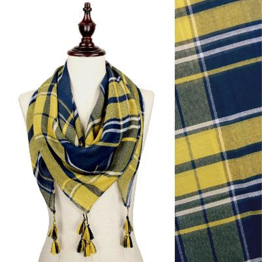 Navy Blue & Gold Team Color Game Day Plaid Square Scarf With Tassels