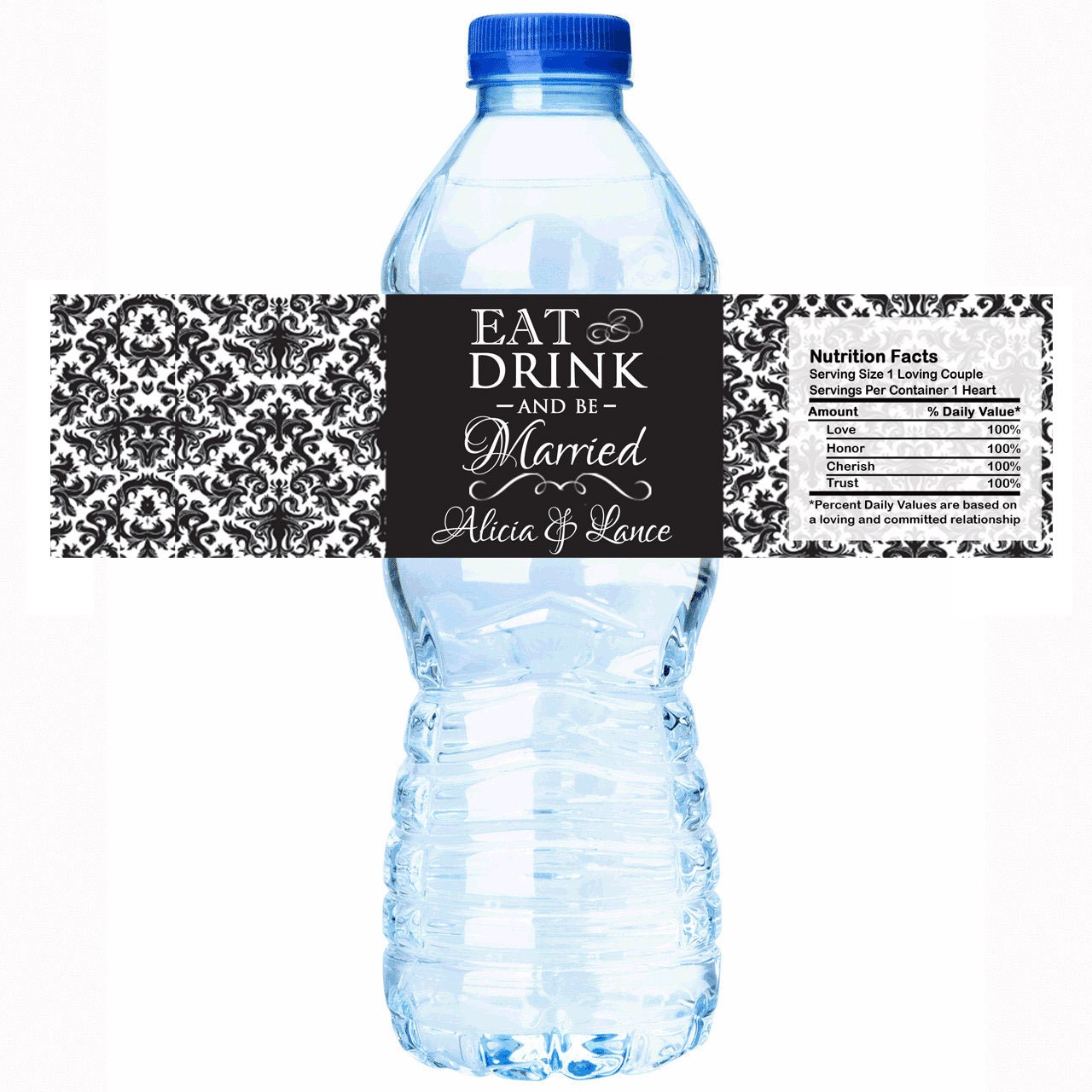 30 Eat Drink & Be Married Water Bottle Labels - Damask Wedding Decor Favors