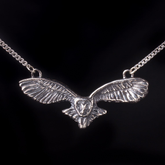 Owl Silver Necklace, Sterling Bird Pendant, Witches Barn Owl, Totem, Flying Gift Jewelry, Animal Pendant