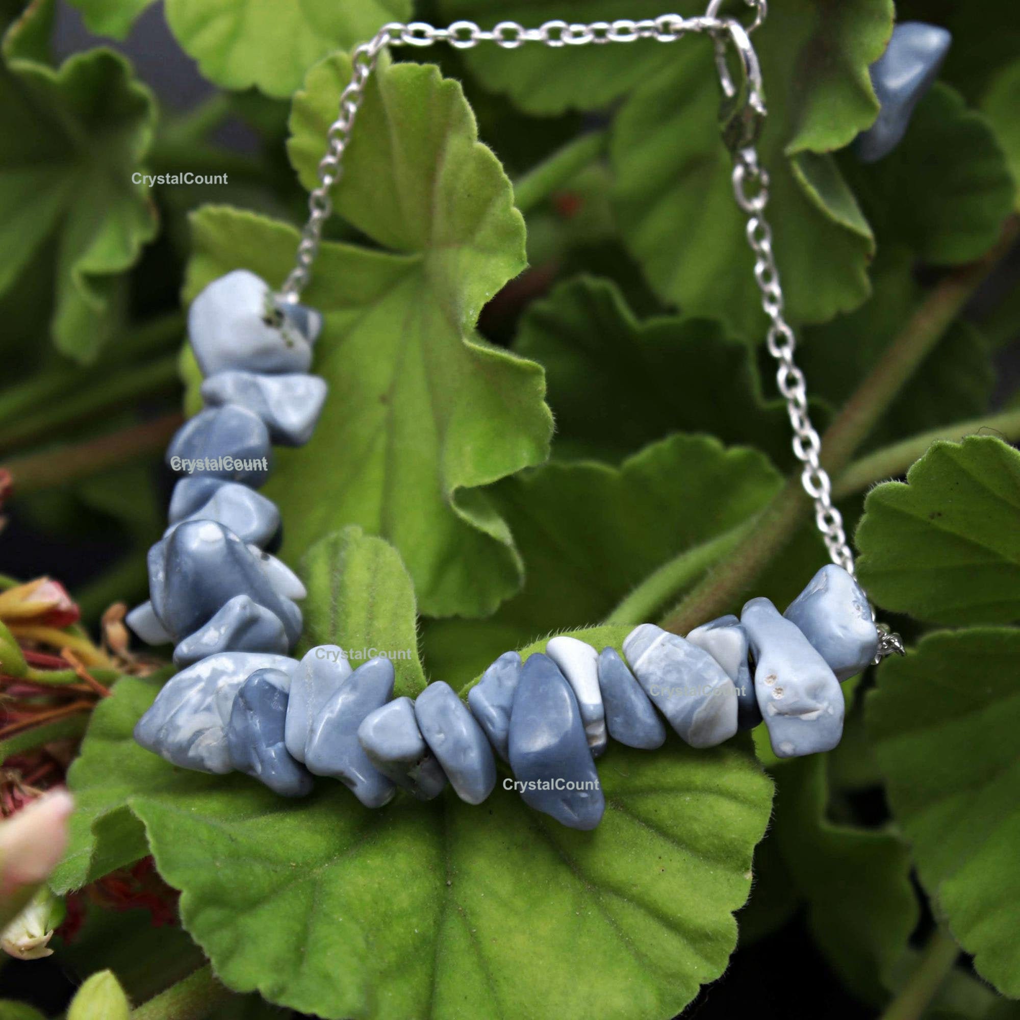 Raw Blue Angelite Bracelet, Crystal Chips Gift For Her, Healing Stacking Silver Plated With Chain Adjustable