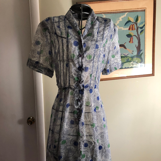 Late 1940S/Early 150S Grey Medallion Print Voile Dress