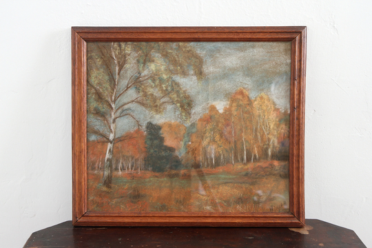 Artist Signed Pastel Painting On Paper, Vintage 1960S Original Artwork, Forest Landscape Wall Art, Green Orange Autumn Fall Trees Drawing