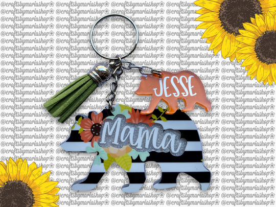 Personalized Floral Bear Keychain Set, Mom Keychain, For Mom, Mama, Baby, Striped Flowers