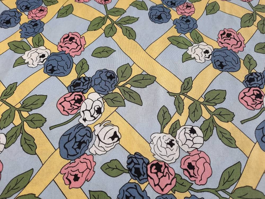 Pastel Rose Trellis Cotton Linen Blend, Climbing Roses On Yellow & Sky Blue, Lightweight Blend Fabric, 56 Inches Wide, By The Yard