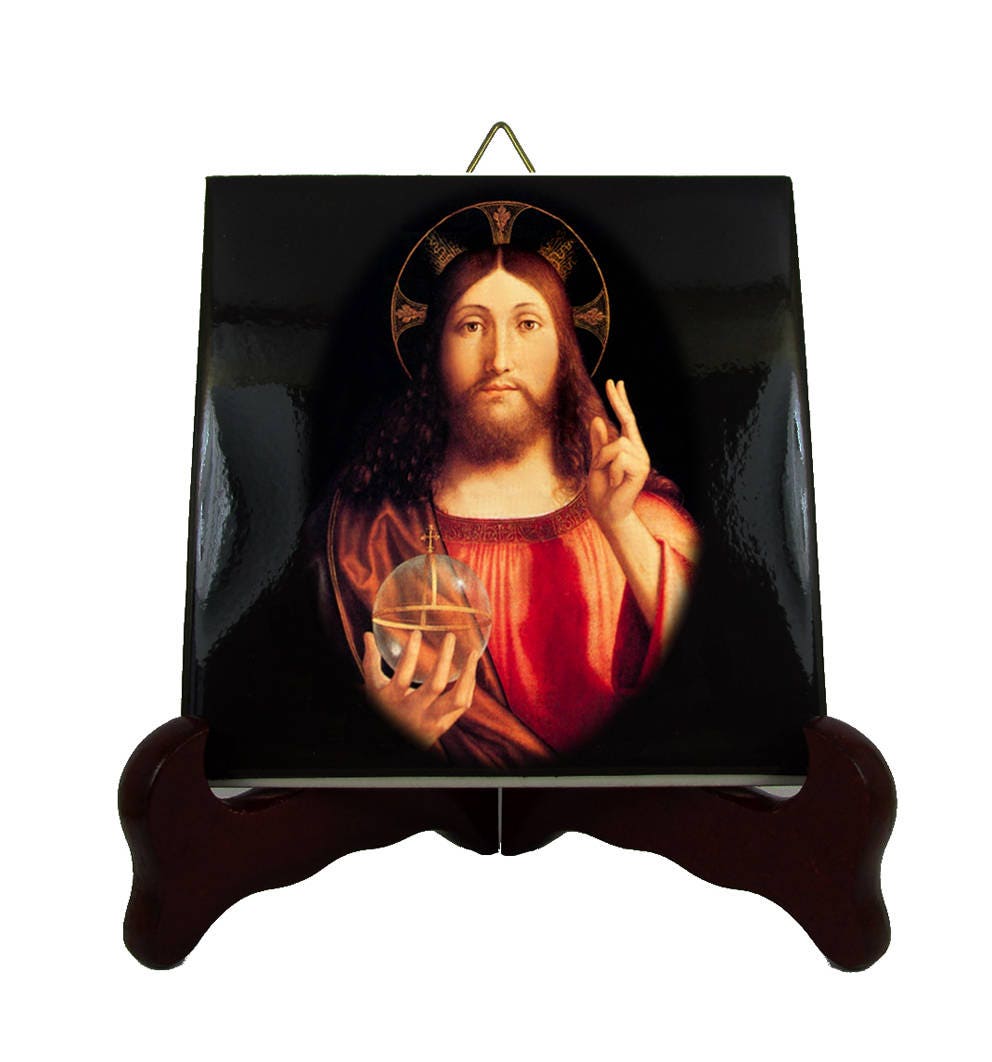Christian Wall Plaque - Jesus Christ Salvator Mundi Ceramic Tile Icon Catholic Gift Idea For Your Loved Ones