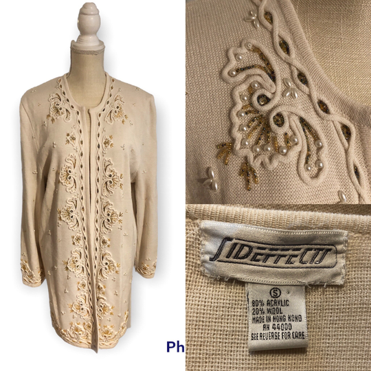 Vintage 1980's 1990's Wool Blend Sideffects Cream Open Front Long Cardigan Sweater Beaded Sequin Gold Design Small