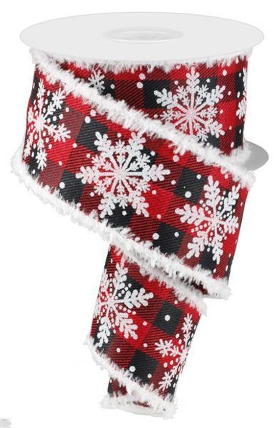Christmas Wired Ribbon By The Roll 2.5 Red Black Buffalo Plaid Canvas White Glitter Snowflakes 10 Yard Roll