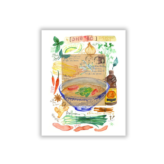 Pho Bo Watercolor Painting Poster, Vietnamese Cuisine Wall Art, Noodle Soup, Asian Food Artwork, Kitchen Print, Vietnam Restaurant Decor