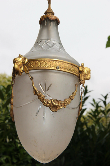 Antique Belgian Val Saint Lambert Crystal Clear Glass Pendant Lantern Chandelier