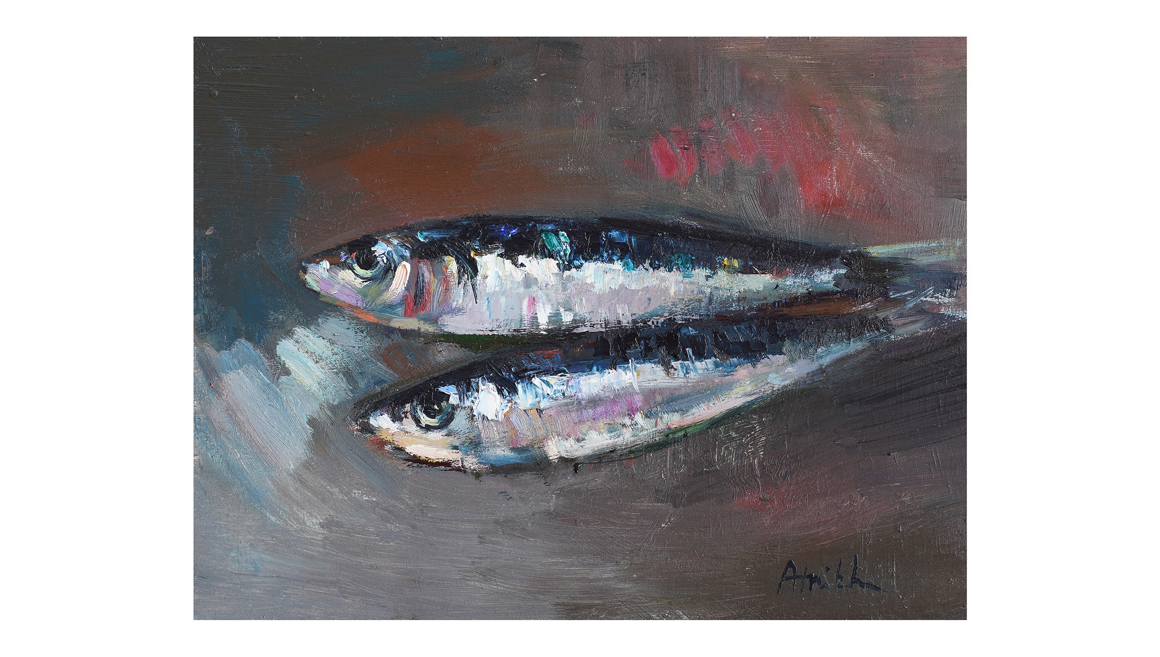 Two Sardines On Silver Plate - Original Oil Painting Paintings Food Seafood Small Little Still Life Sardine Anchovy Fish Fishy Impressionist
