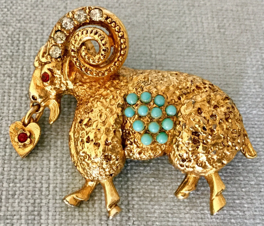 Precious Ram Brooch Pin With Heart Charm Turquoise Ruby Diamanté Crystal Rhinestones Vintage Gold Metal Designer Couture Runway Aries Zodiac