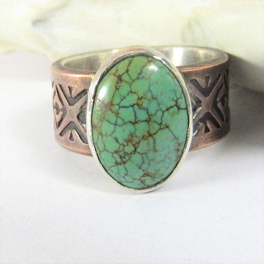 Spiderweb Turquoise Ring Size 7.5 in Copper & Fine Silver, Rustic Mixed Metal Ring, Jewelry