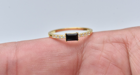 Dainty Gold Ring, Skinny Ring, Minimalist Black Diamond Ring, Black Onyx Stone Ring, Inlaid Stone, Gift For Her