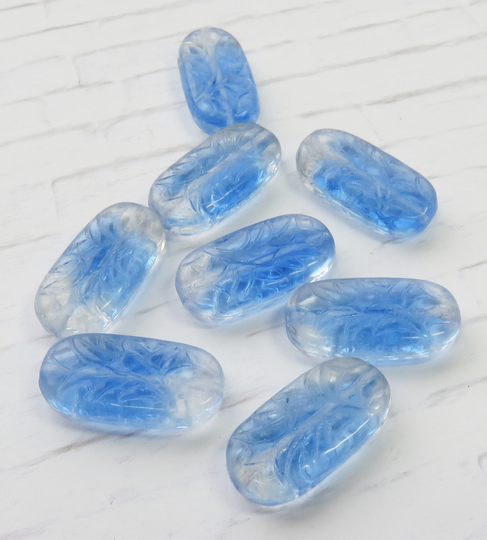 Crystal & Sapphire Blend, 4 Czech Glass 25mm X 12 Oval Beads With Etched Floral Design - Item 2051