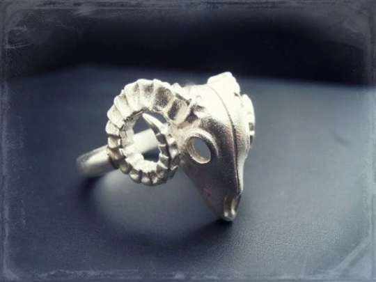 Ram Ring Sterling Silver - Ram's Head Jewelry Aries Occult Goat Ring Skull & Horns Pagan Jewel
