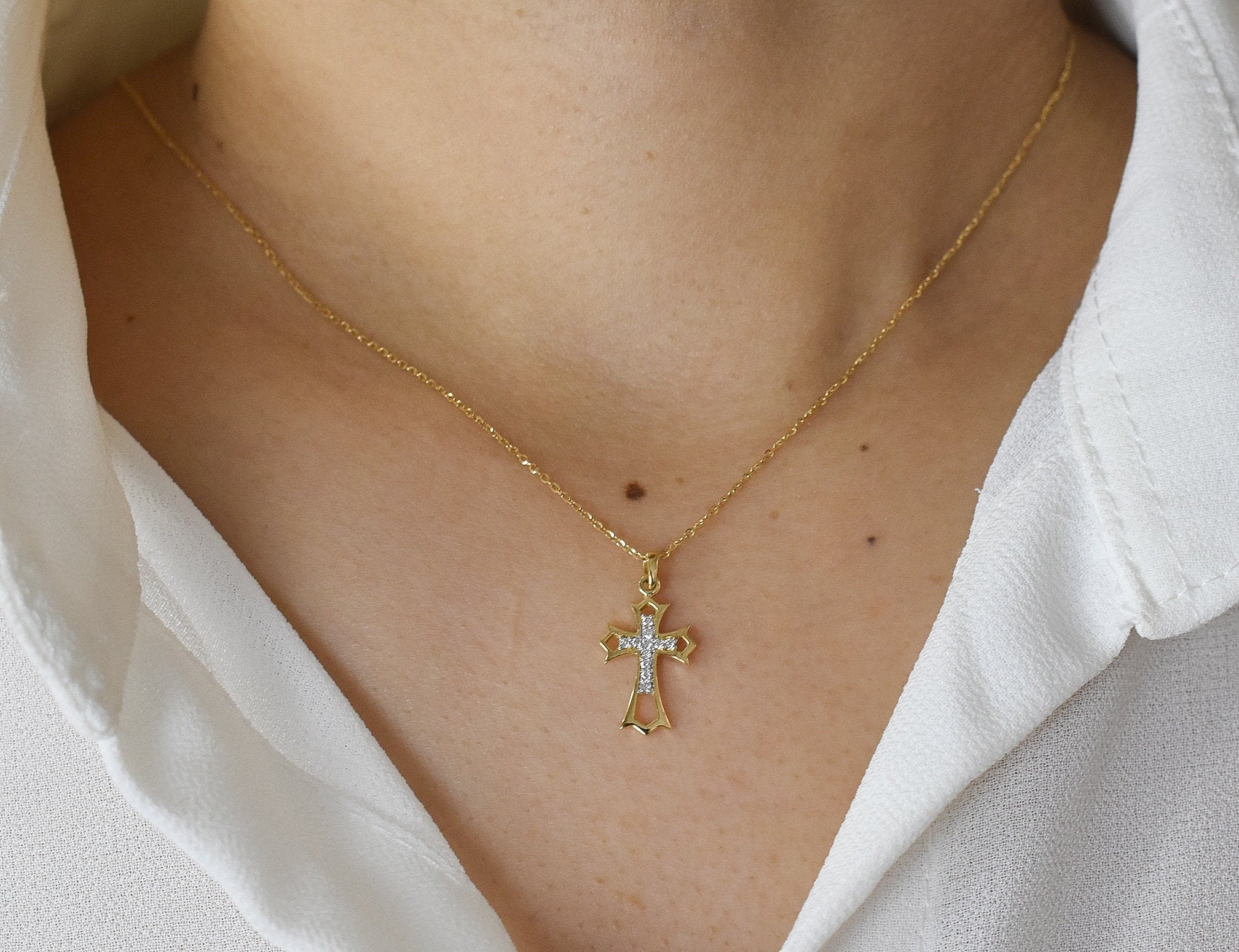 10K 14K 18K Gold Diamond Cross Necklace/Delicate Natural White Layering Confirmation Baptism Gift