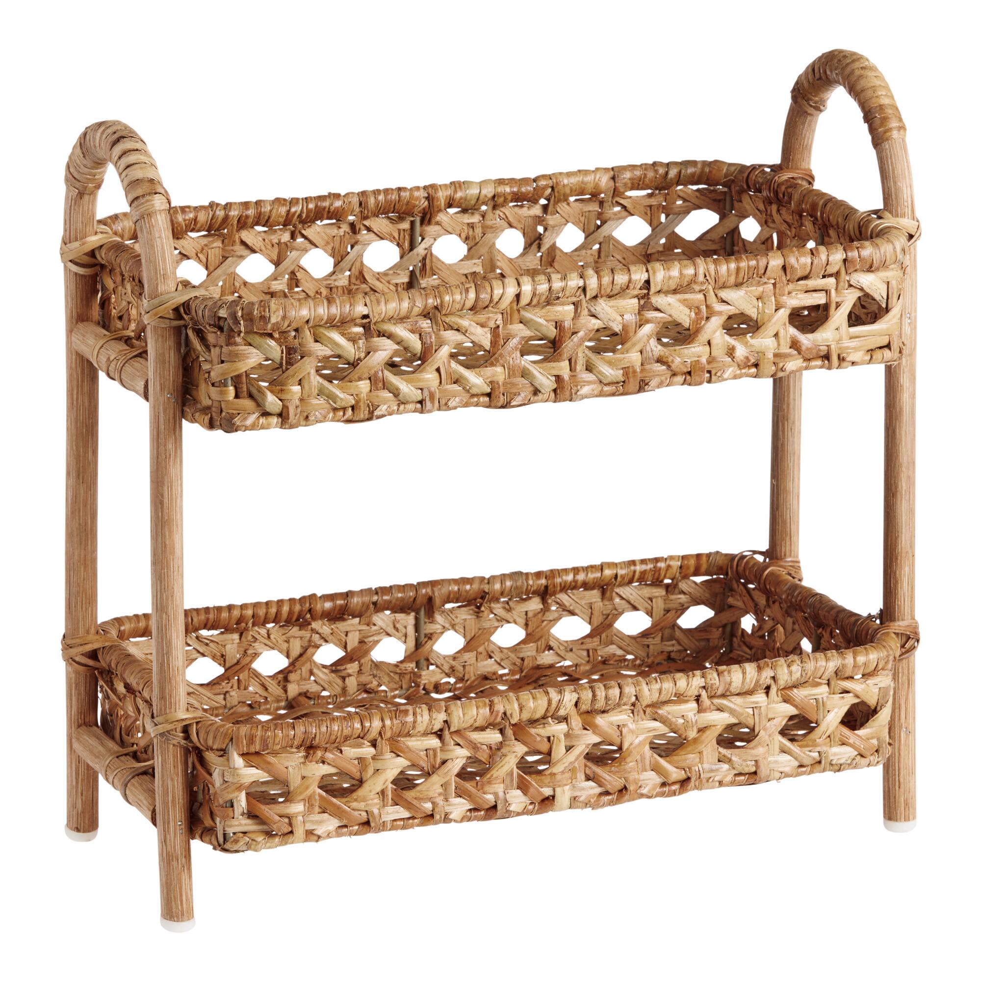 Natural Rattan Cane 2 Tier Farrah Storage Shelf: White/Natural - Metal by World Market