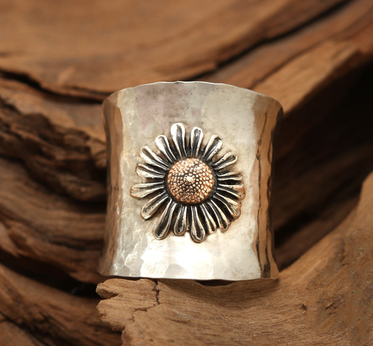 Daisy Ring, Sterling Silver Wide Band Ring For Women, Handmade Jewelry, Birth Flower Gift Mom, Botanical Month