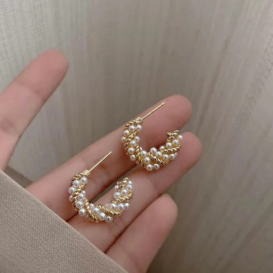 Gold Pearl Twisted Earrings, J Hoop Rope Braided Faux Pearl Twisted Gold Plated Earrings