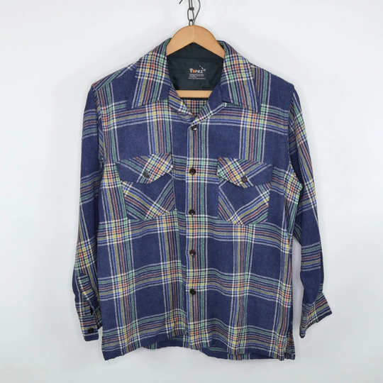 Wool Blend Flannel Plaid Shirt 70S Vintage Pointed Collar Medium