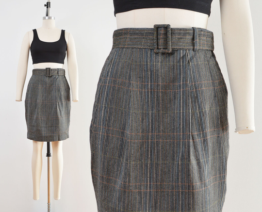 Vintage Black Plaid Skirt | Cotton Blend Belted Pleated Pencil With Pockets Size Small